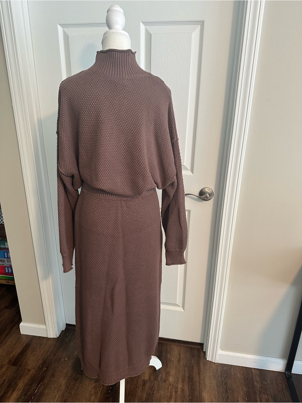 Free People Long Sleeve Knit Midi Sweater Skirt Set in Taupe Brown
